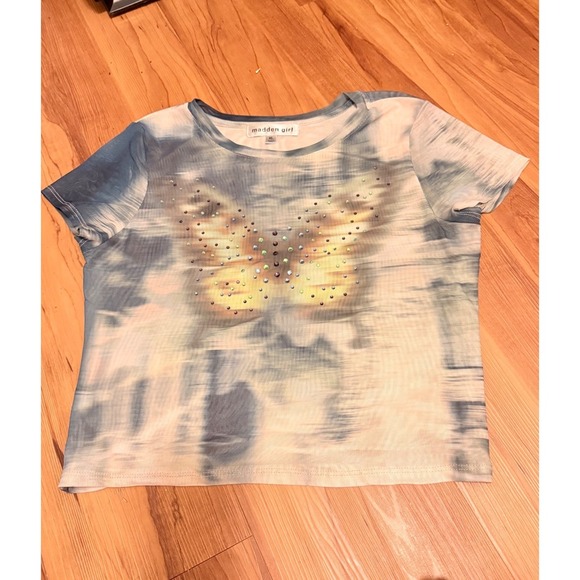 Madden Girl Butterfly Rhinestone Top Y2K Sheer Tee Blue XL - Picture 1 of 3